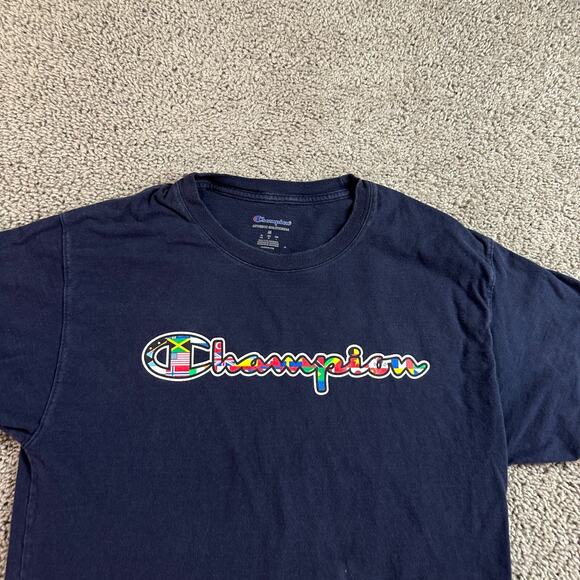 Champion Shirt Mens Medium Blue Signature World Flag Logo Short Sleeve FLAW - Picture 3 of 9